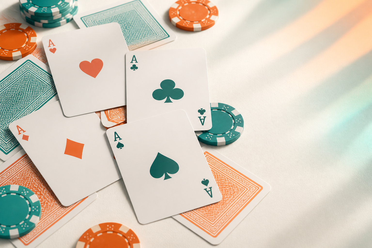 Playing cards and chips arranged on a light surface
