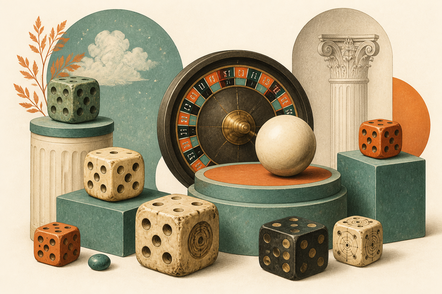 Vintage dice and a roulette ball arranged as a still life