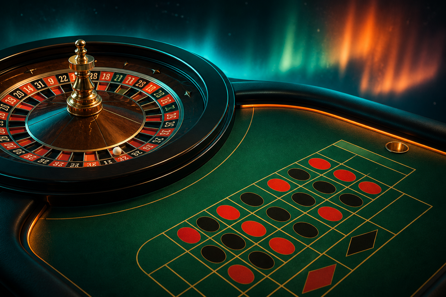 Stylised roulette wheel on a green felt table