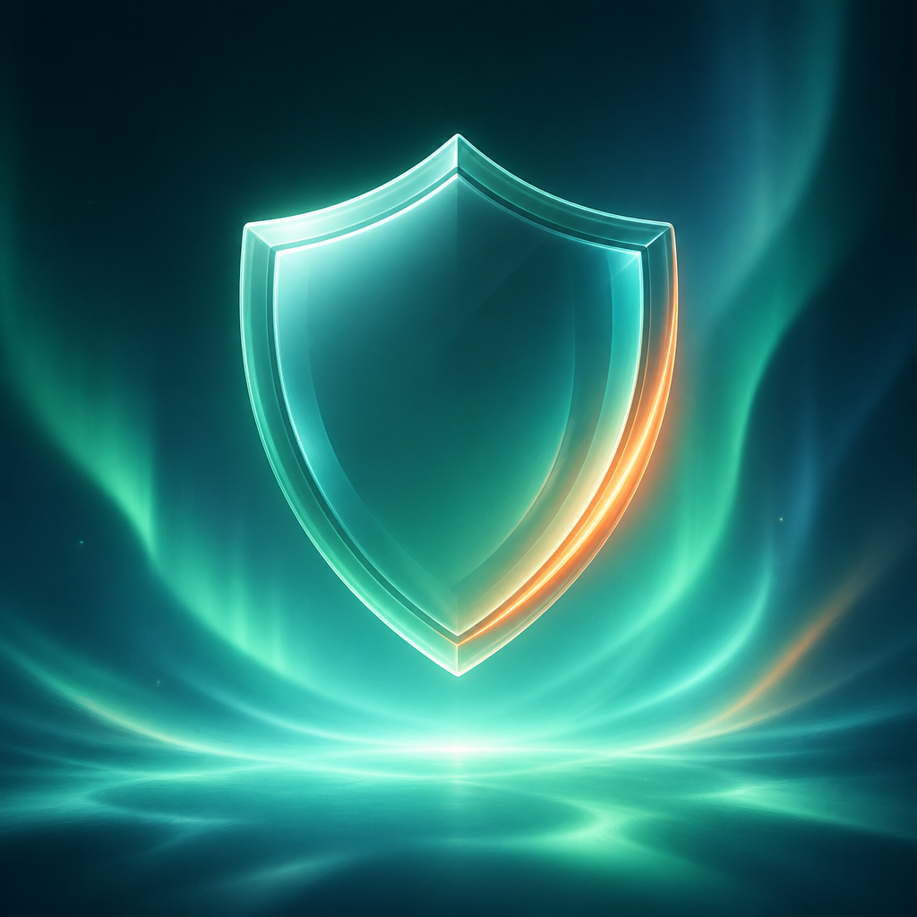 Abstract protective shield graphic in teal and tangerine