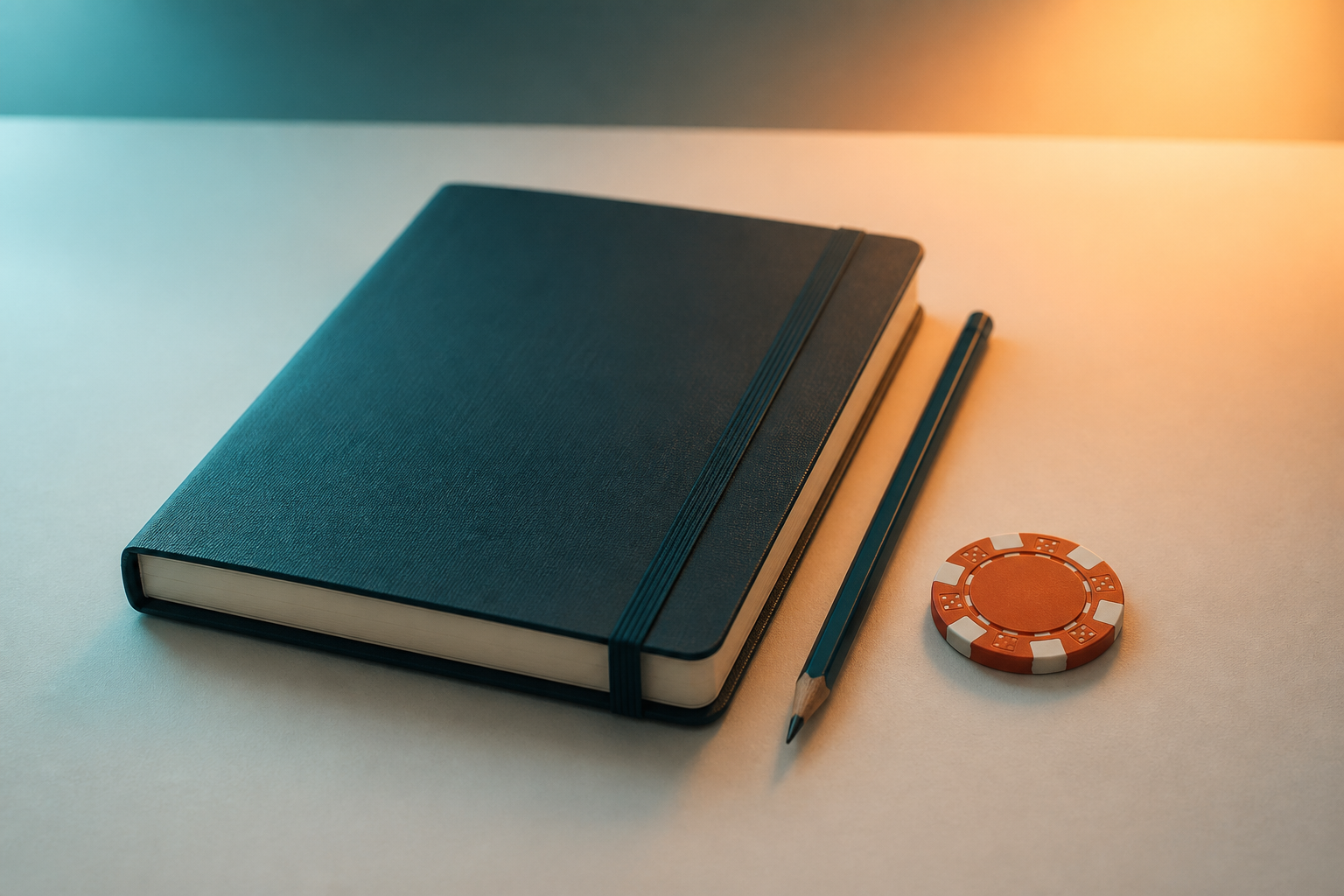 Notebook, pencil and a poker chip on a desk